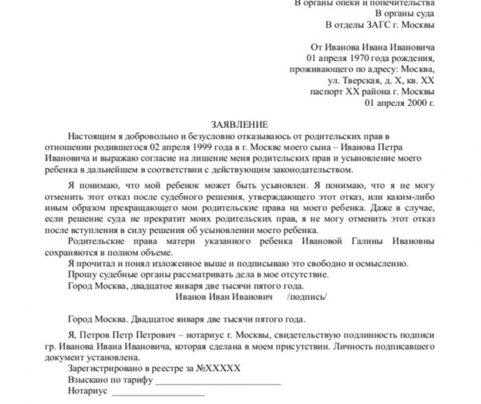 zrzeczenie się praw rodzicielskich dobrowolny wniosek próbki